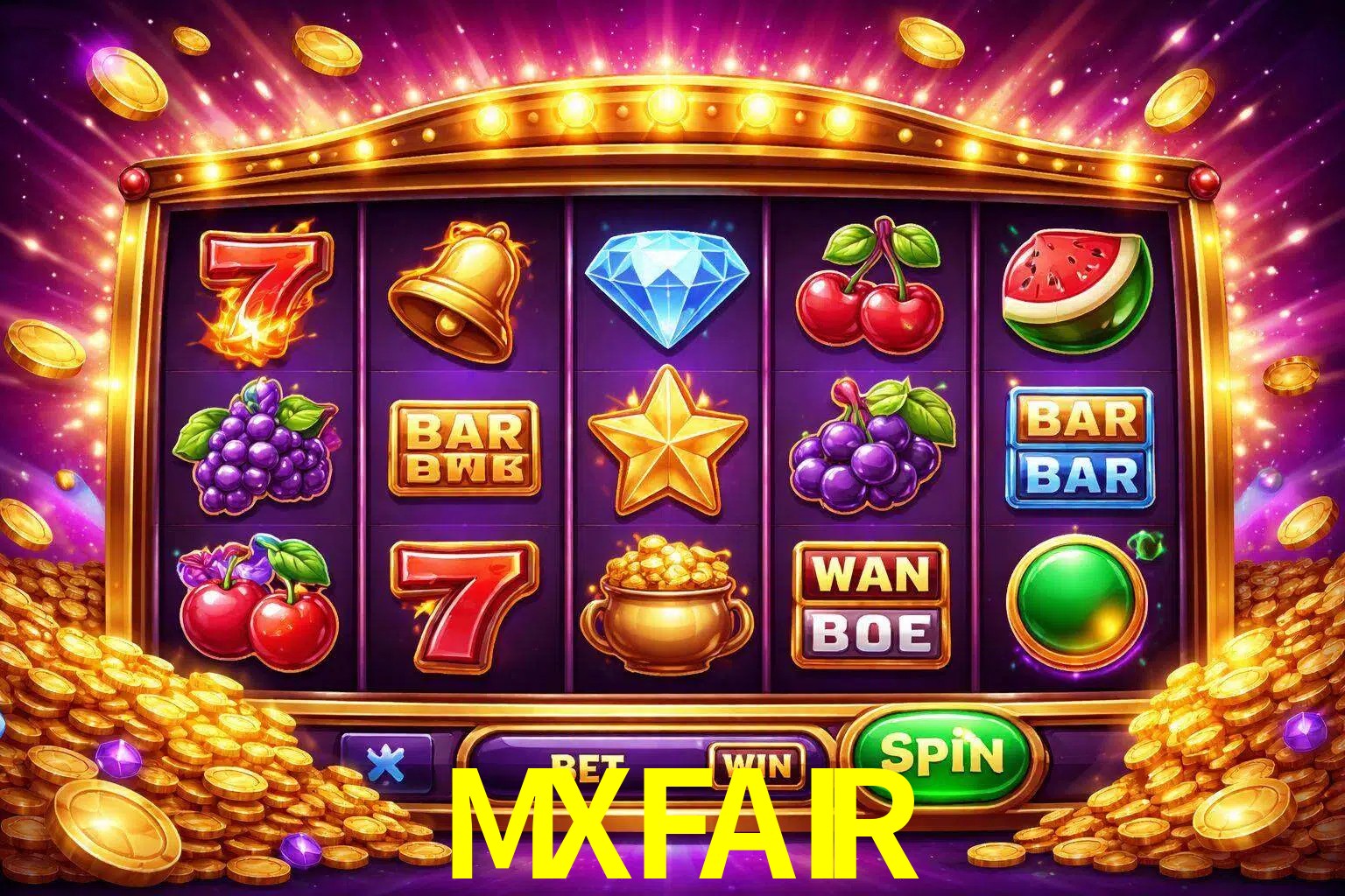 Una interfaz colorida de tragamonedas en línea con símbolos brillantes, monedas y un efecto de victoria celebratoria en MXFAIR.