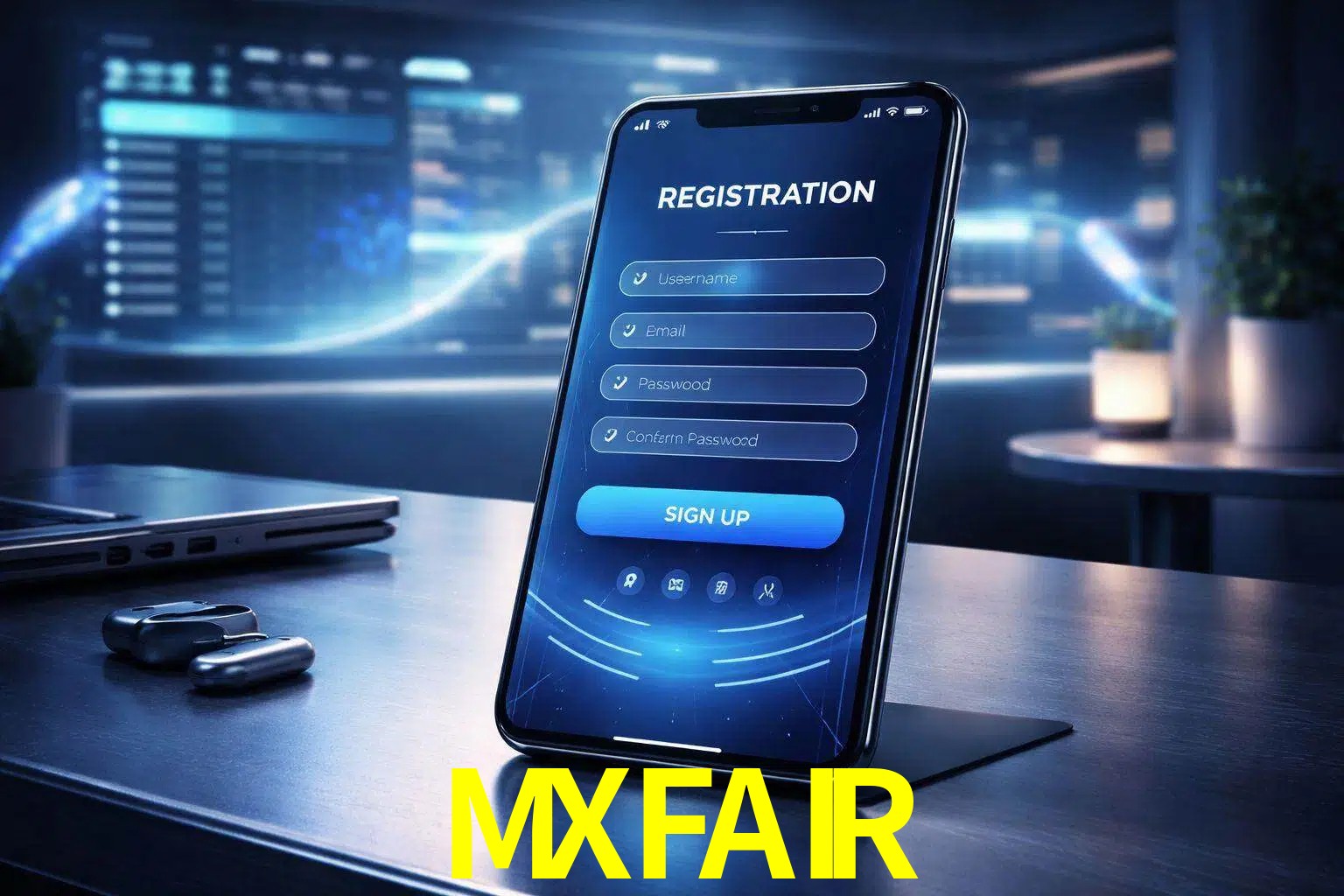Una interfaz moderna de registro móvil para MXFAIR mostrada en un smartphone con un panel de apuestas elegante.